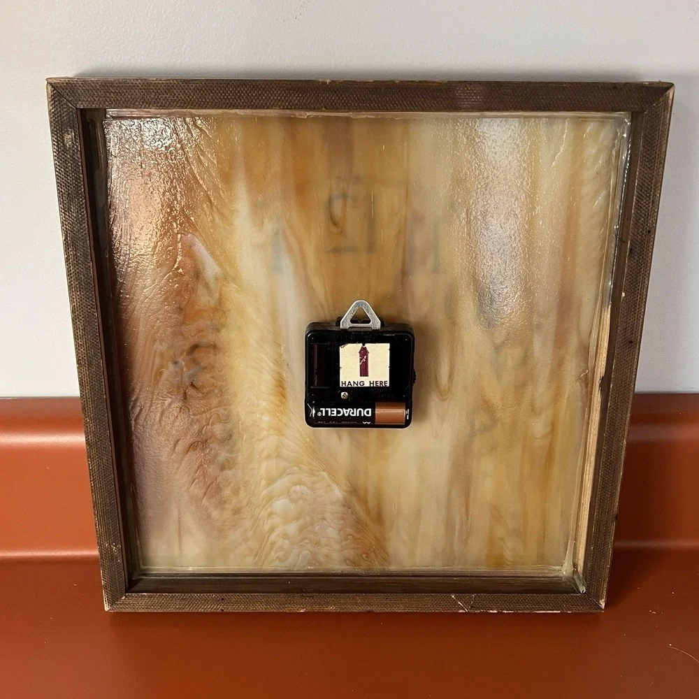 VNTG Mr. Mirror Slag Glass Mid Century Square Wall Clock‎ MCM Wood Frame Works